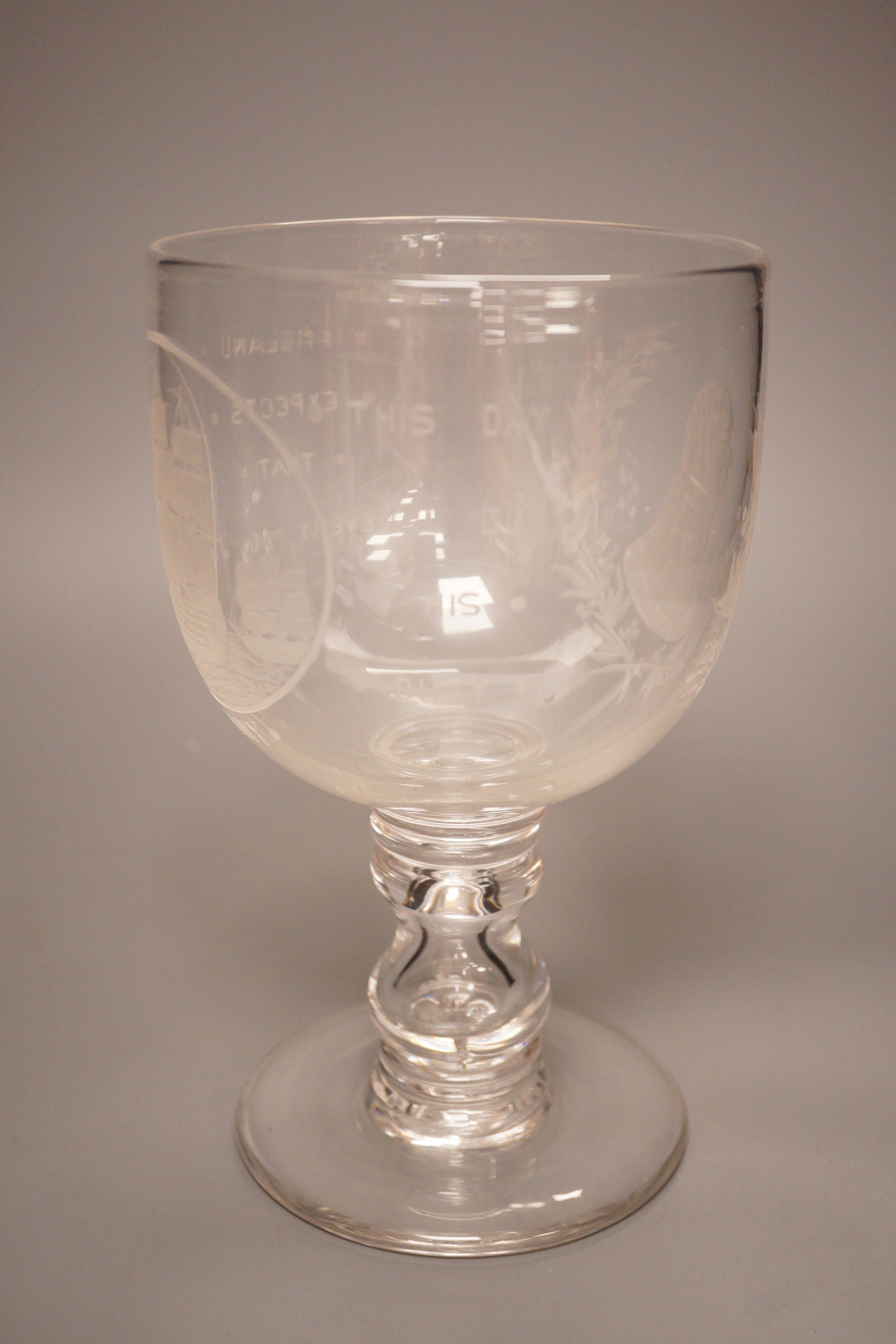 A Victorian/Edwardian wheel engraved glass goblet commemorating Admiral Nelson and HMS Victory, height 24.5cm